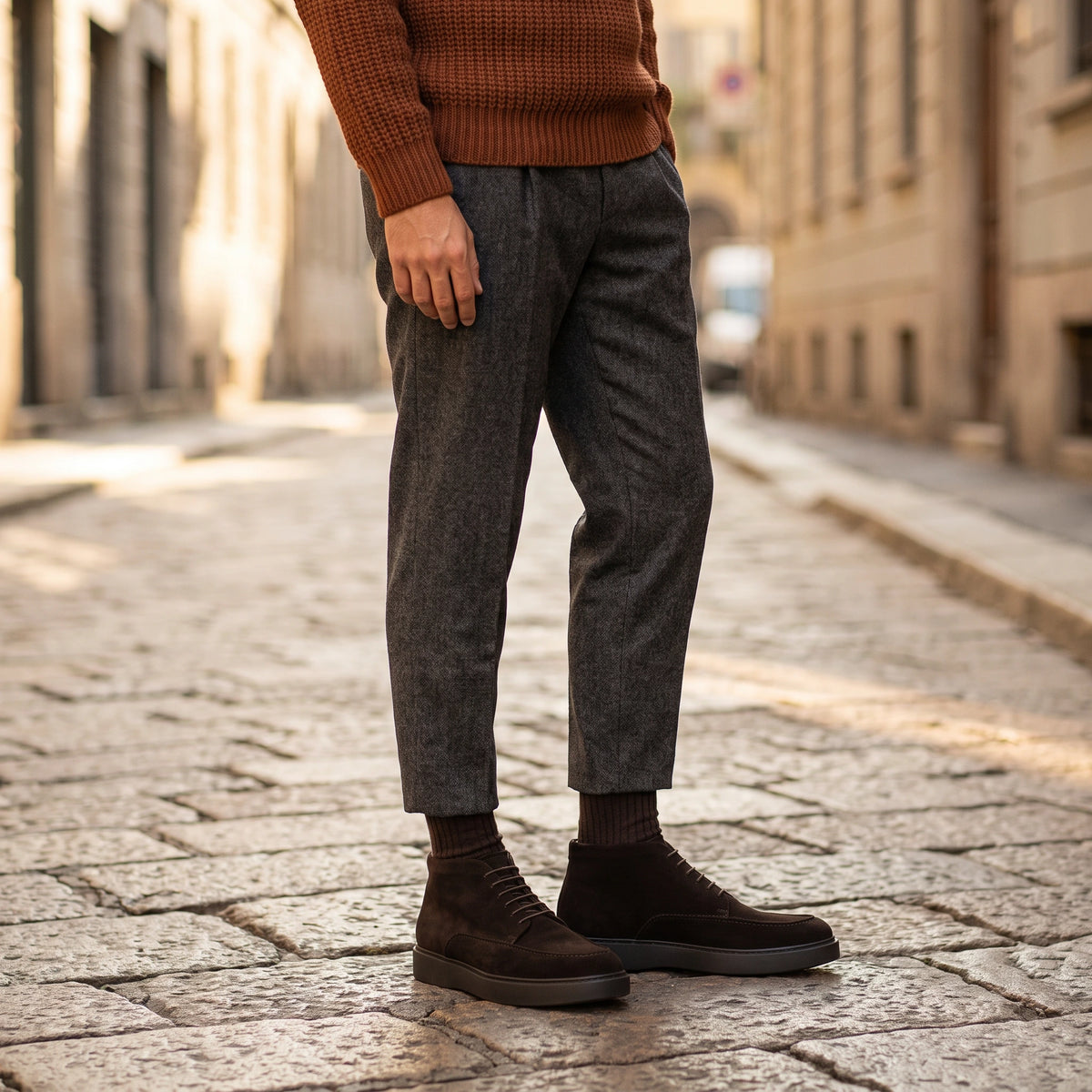 Desert boot men's suit in dark brown suede leather, Pesaro model, worn.