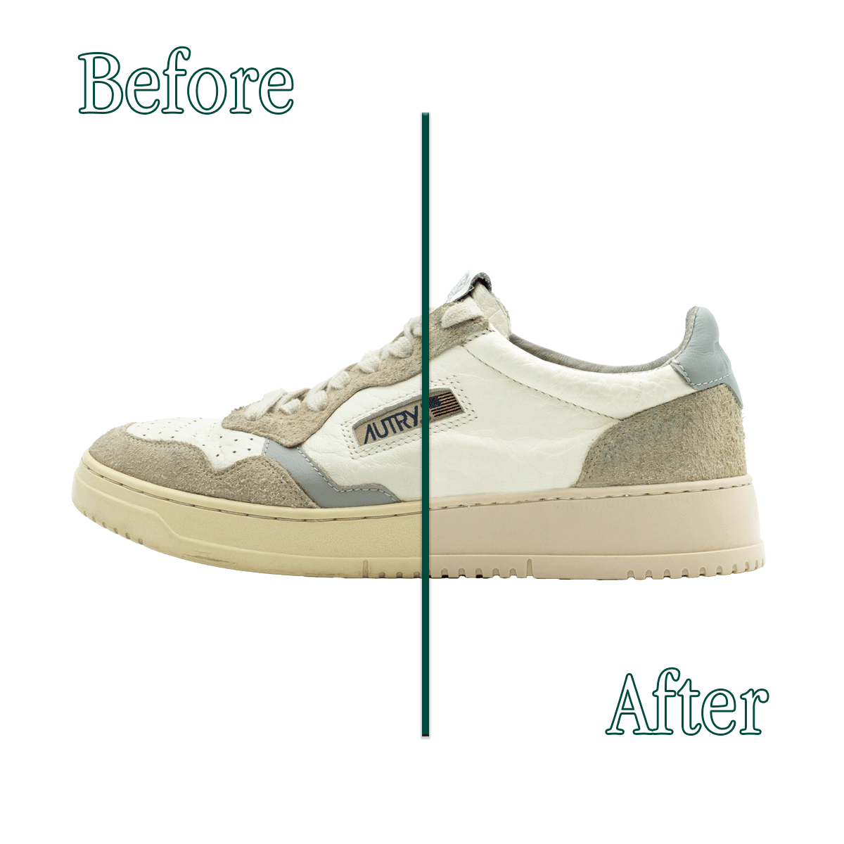 Foto del prima e dopo una riparazione di una sneakers Autry Medalist Low effettuata dai Maestri Ciccone