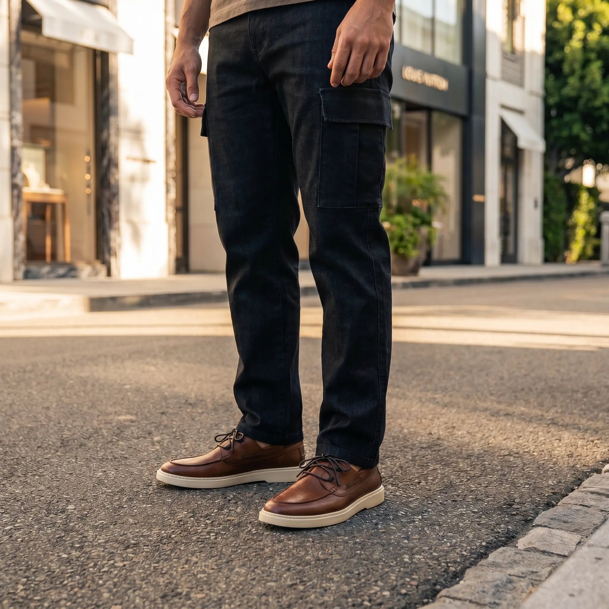 Photo portée du mocassin homme Ciccone en cuir marron, modèle Rimini avec tenue décontractée