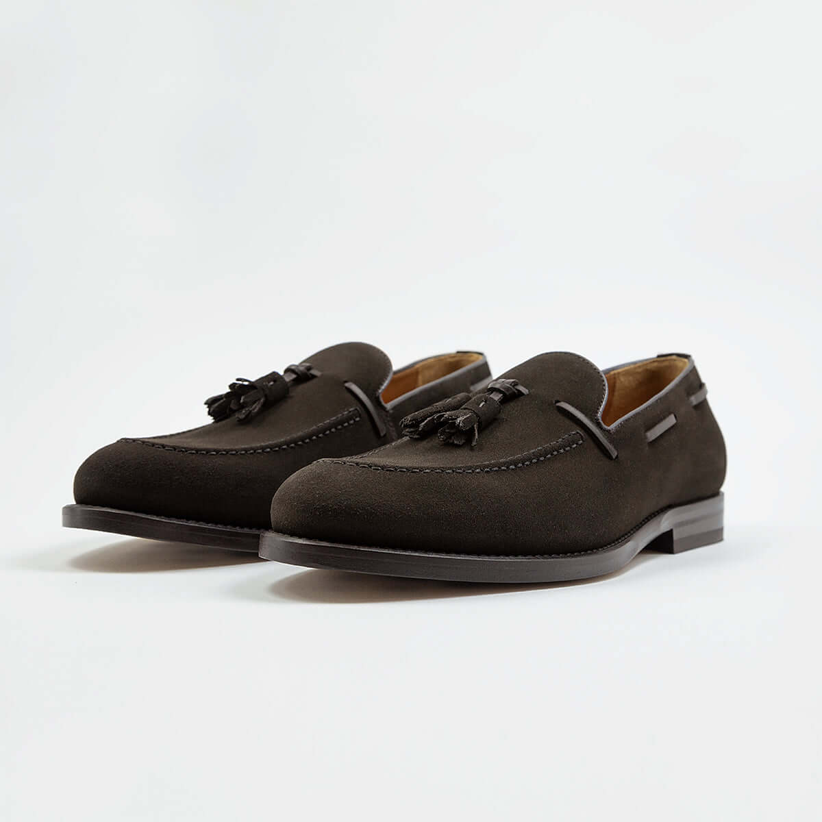 Couple of Loafers men's shoes Ortigia by Ciccone with tassels in dark brown suede and leather sole