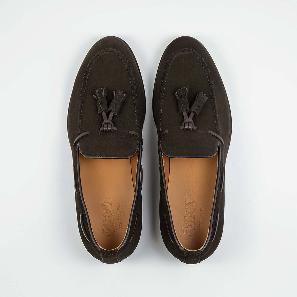 Loafer men's shoes Ortigia by Ciccone with tassels in dark brown suede and leather sole, view from above