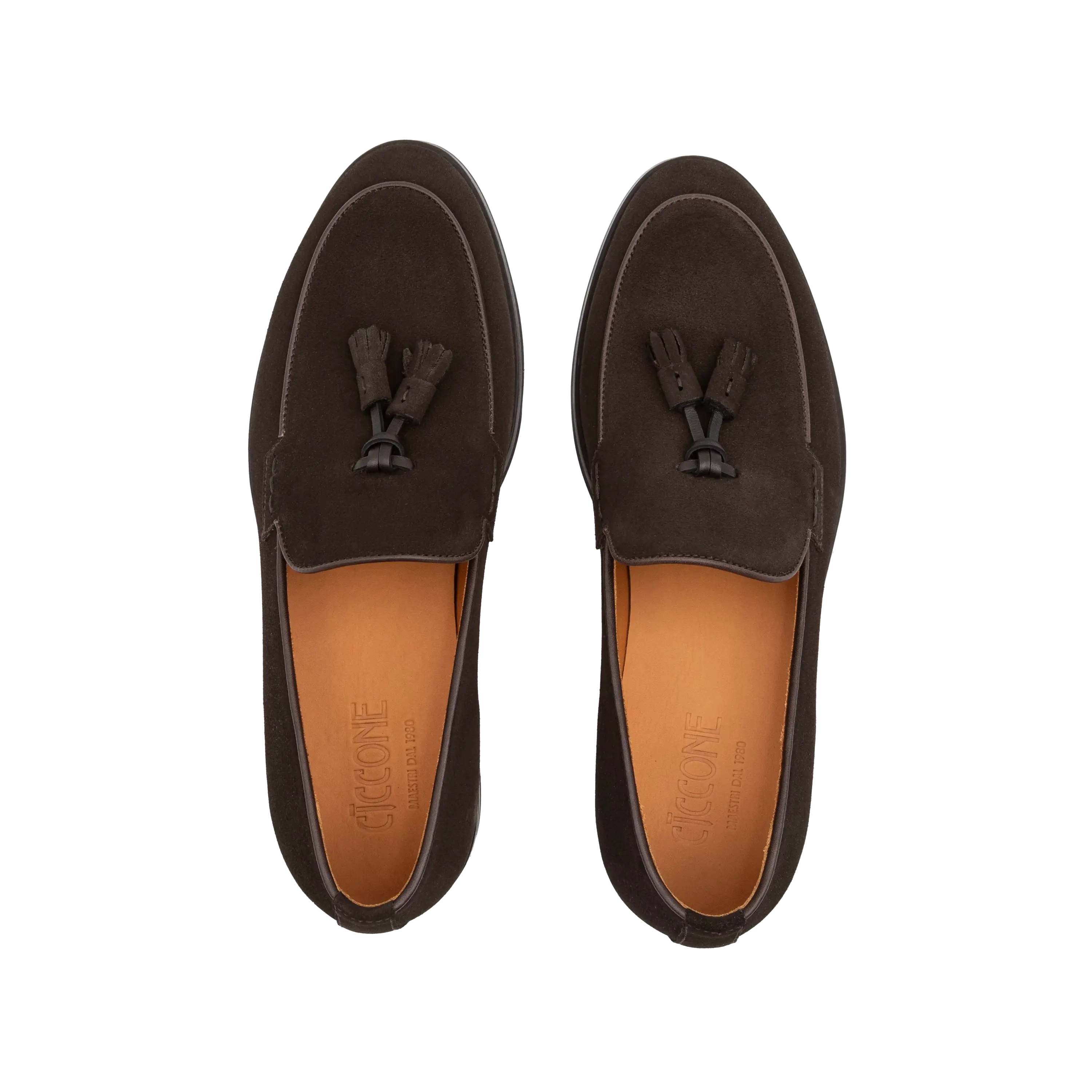 Loafer Ragusa men's shoes by Ciccone with dark brown suede tassels and rubber sole, view from above