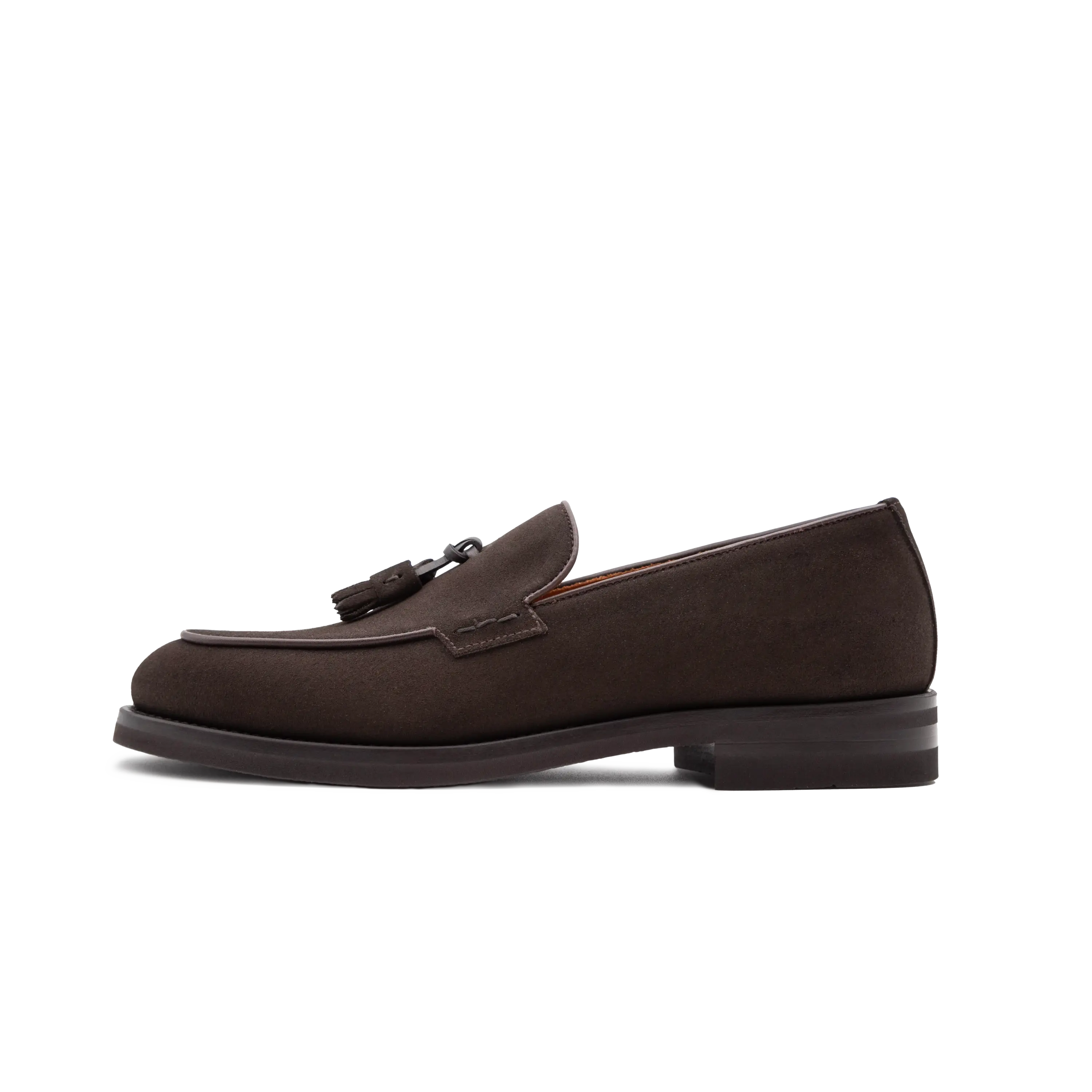 Loafer Ragusa men's shoes by Ciccone with dark brown suede tassels and rubber sole, side view