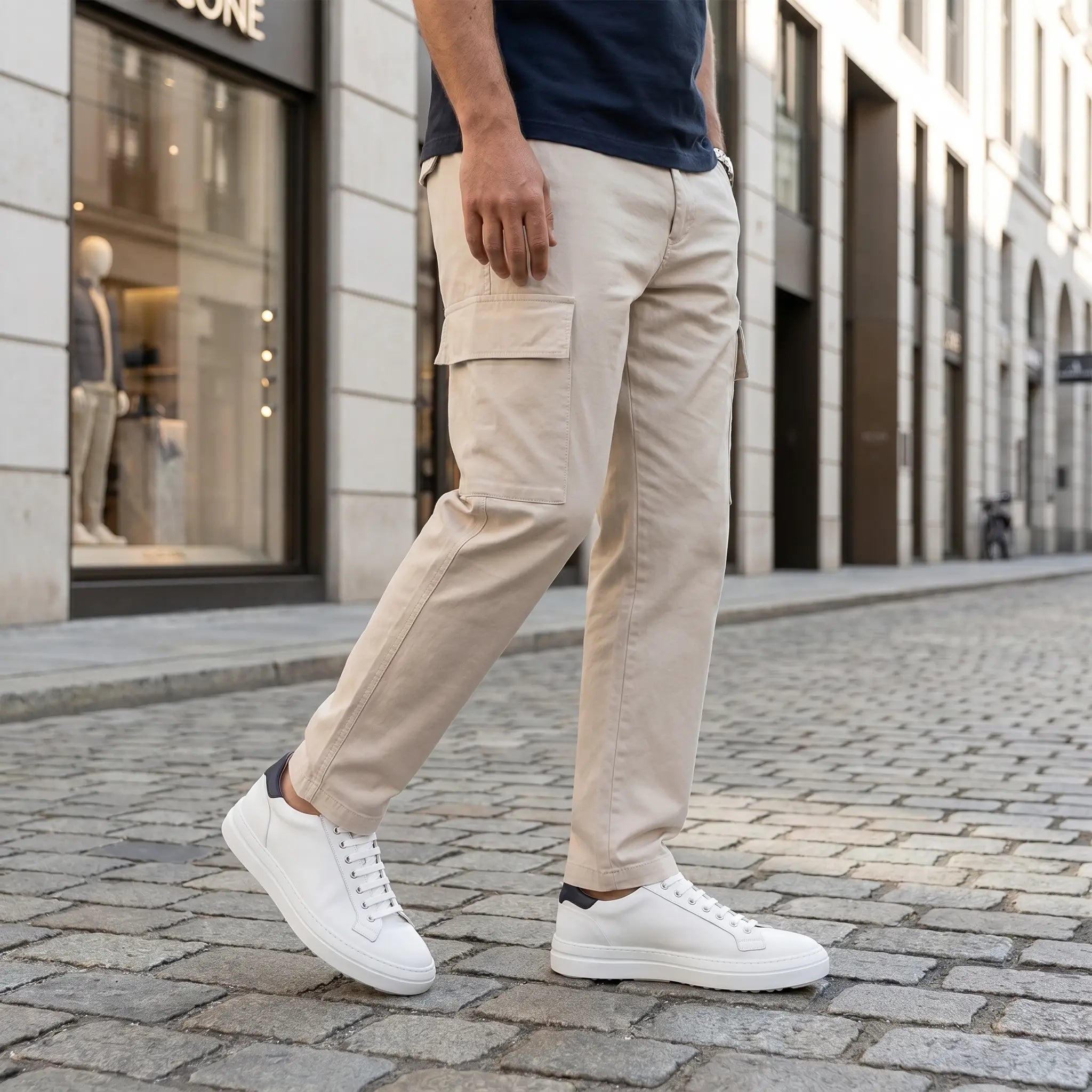Sneaker da uomo in pelle bianca, modello Pescara di Ciccone - indossata