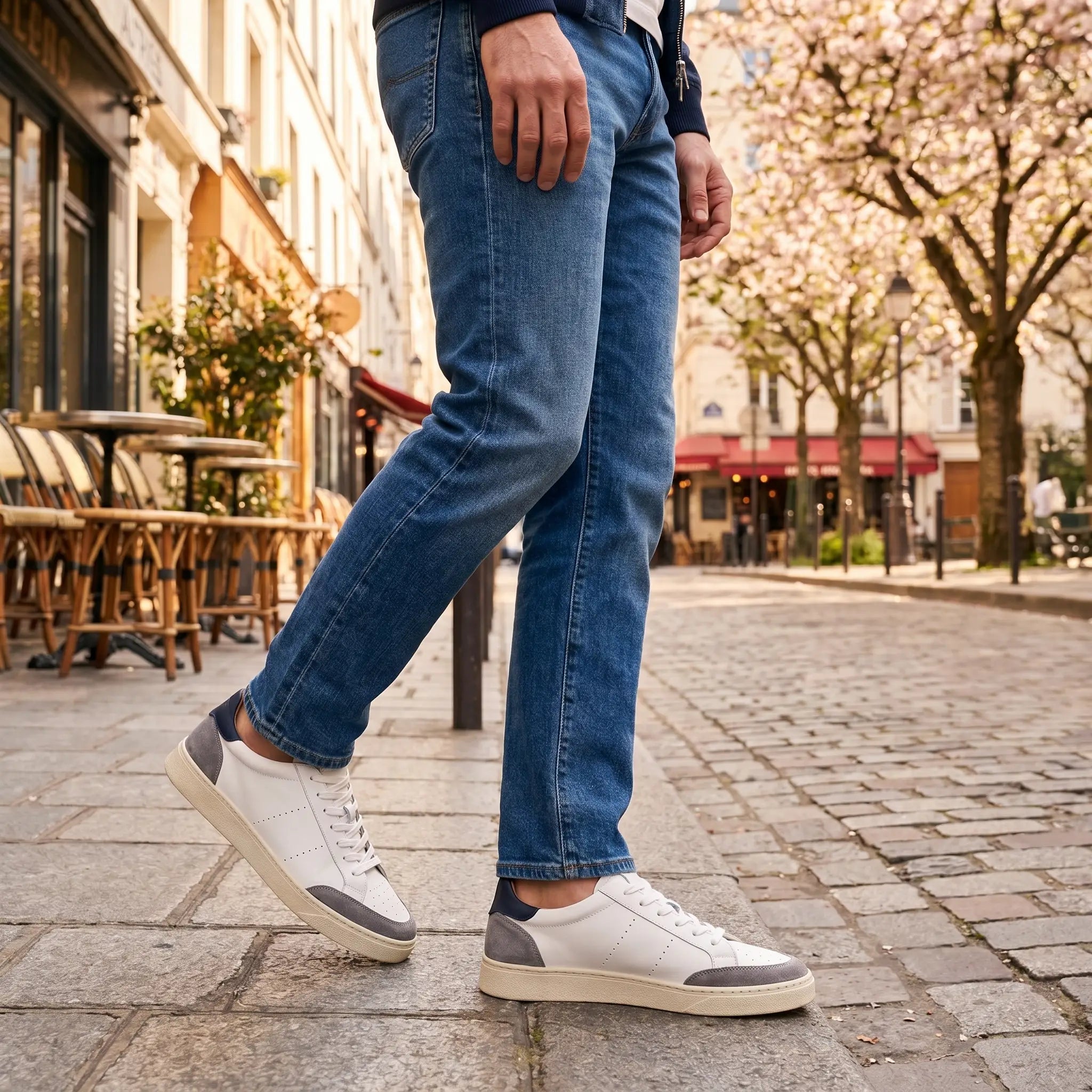 Sneaker in pelle da uomo bianca e blu, modello Perugia di Ciccone, foto indossata con jeans