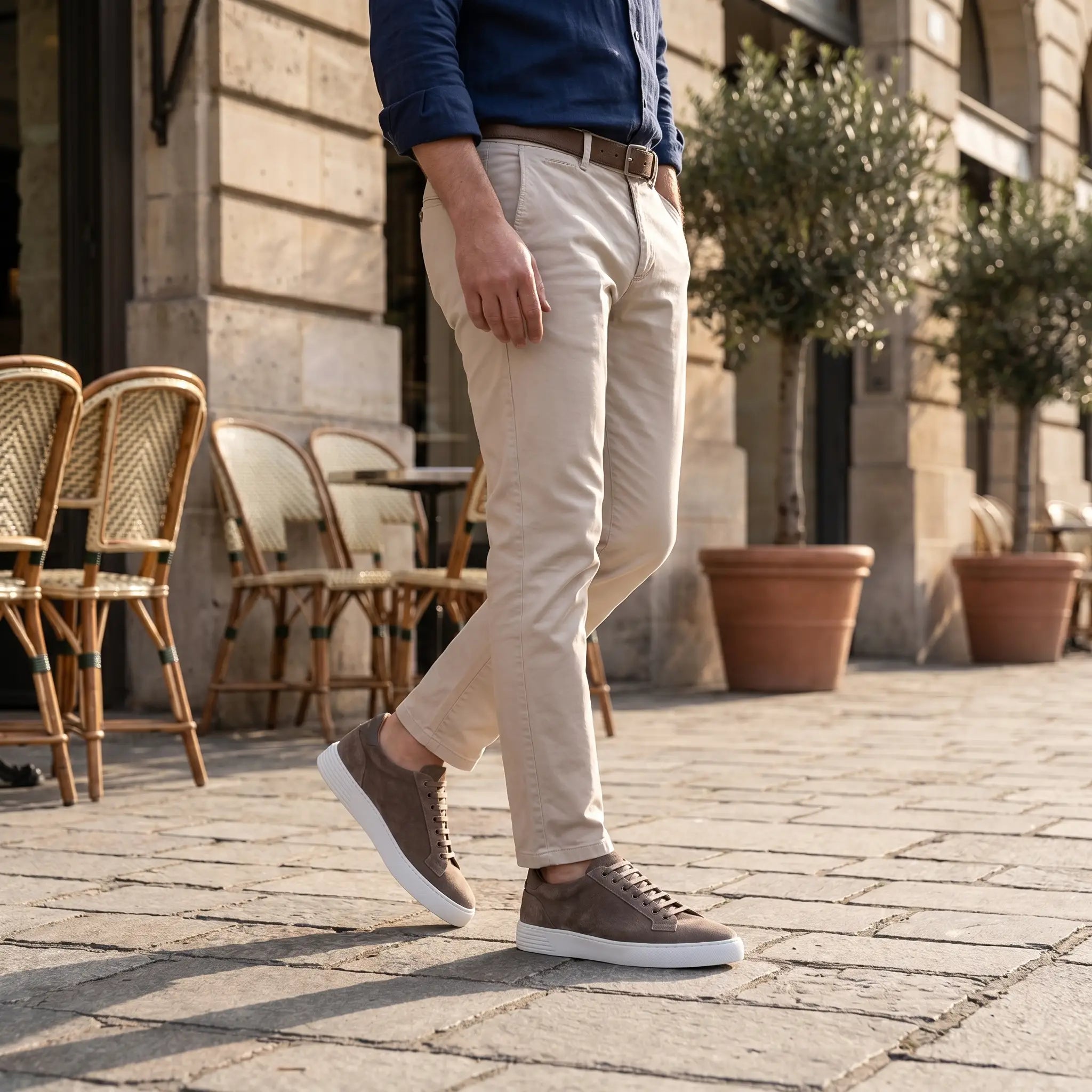 Worn photo of a men's sneakers in gray suede, Sorrento model by Ciccone
