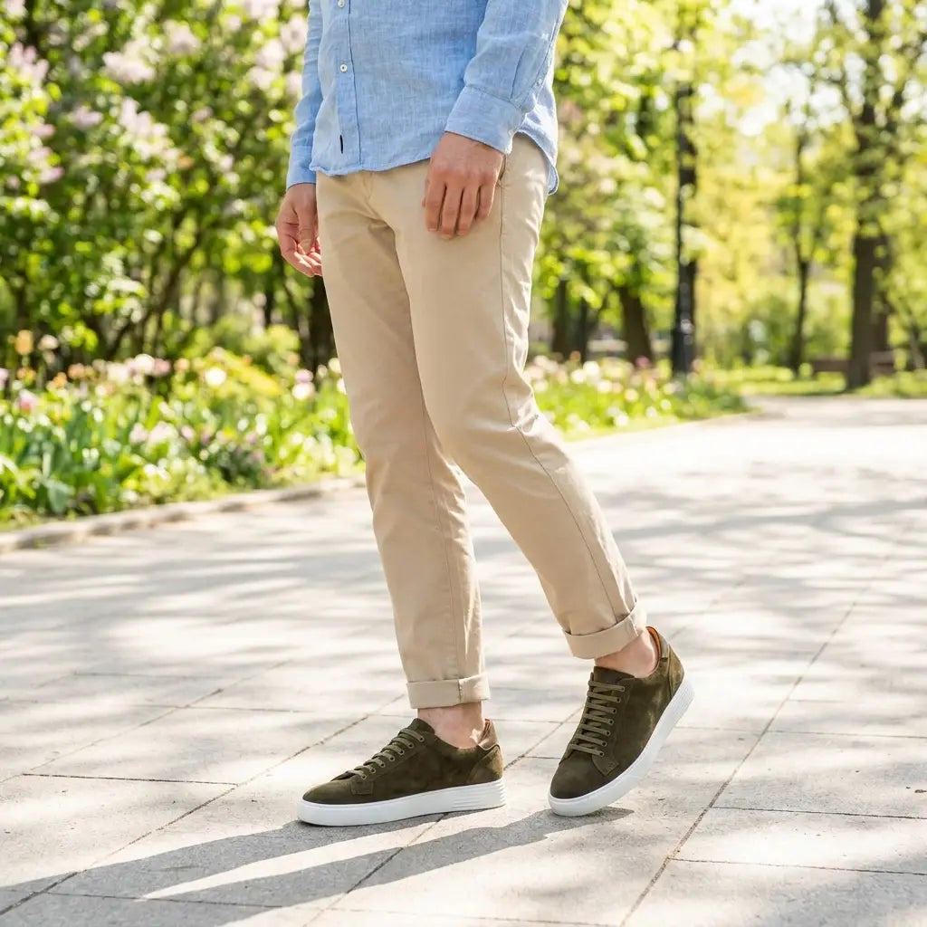 Worn photo of a men's sneaker in green suede, Sorrento model by Ciccone