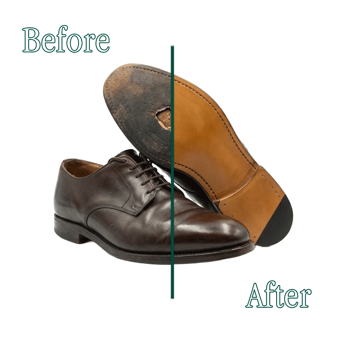 Photos before and after a leather resoling of Crockett & Jones shoes carried out by the Ciccone Masters