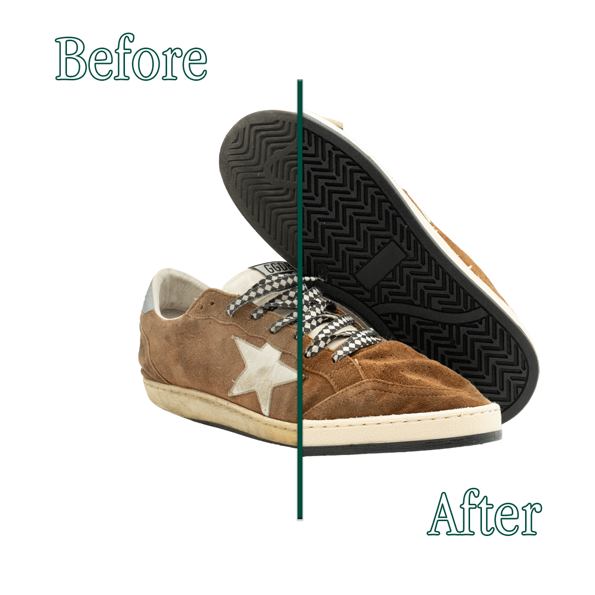 Prima e dopo la risuolatura delle Golden Goose Ball Star effettuata dai Maestri Ciccone