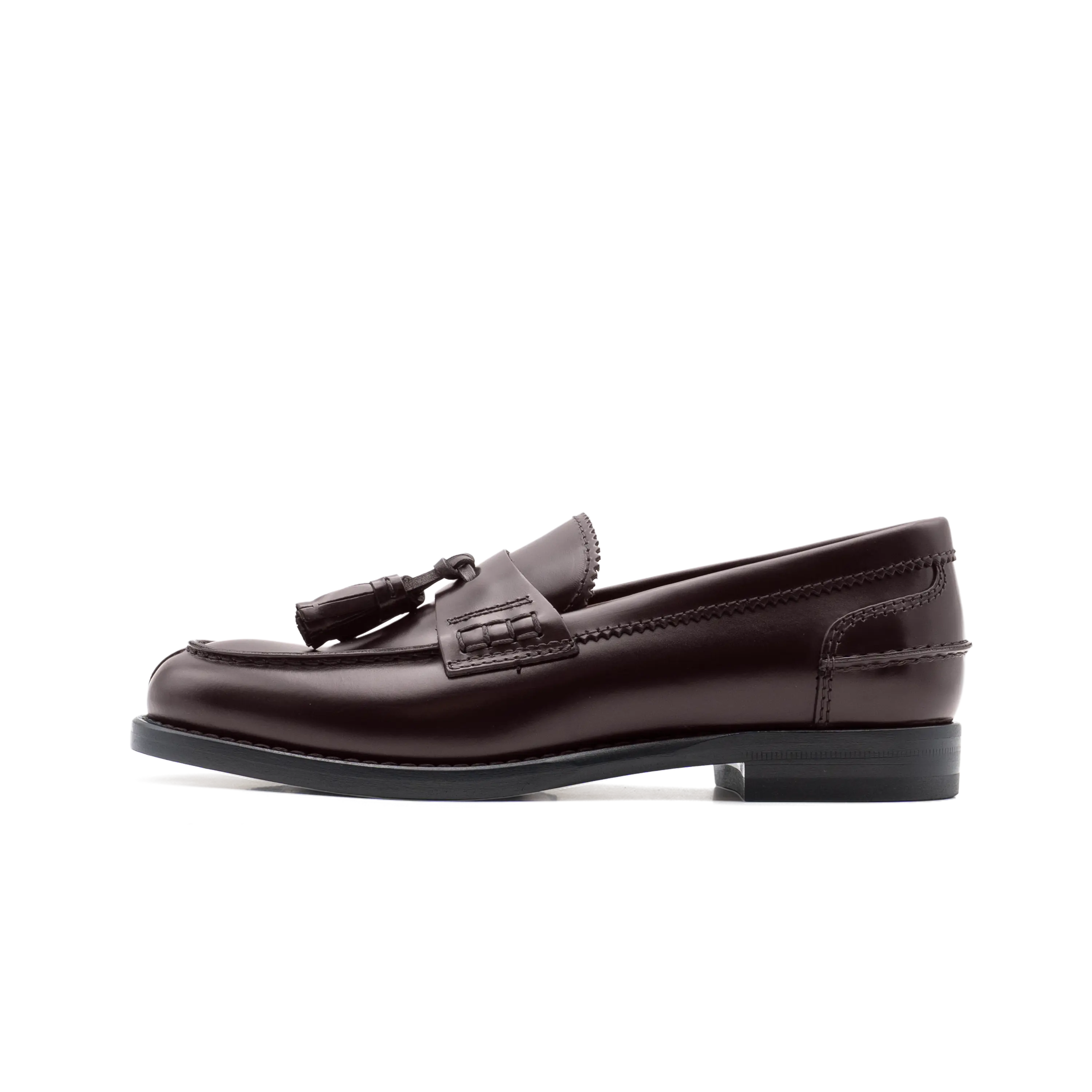 Mocassino da donna in pelle burgundy con nappine, modello Ischia - vista laterale