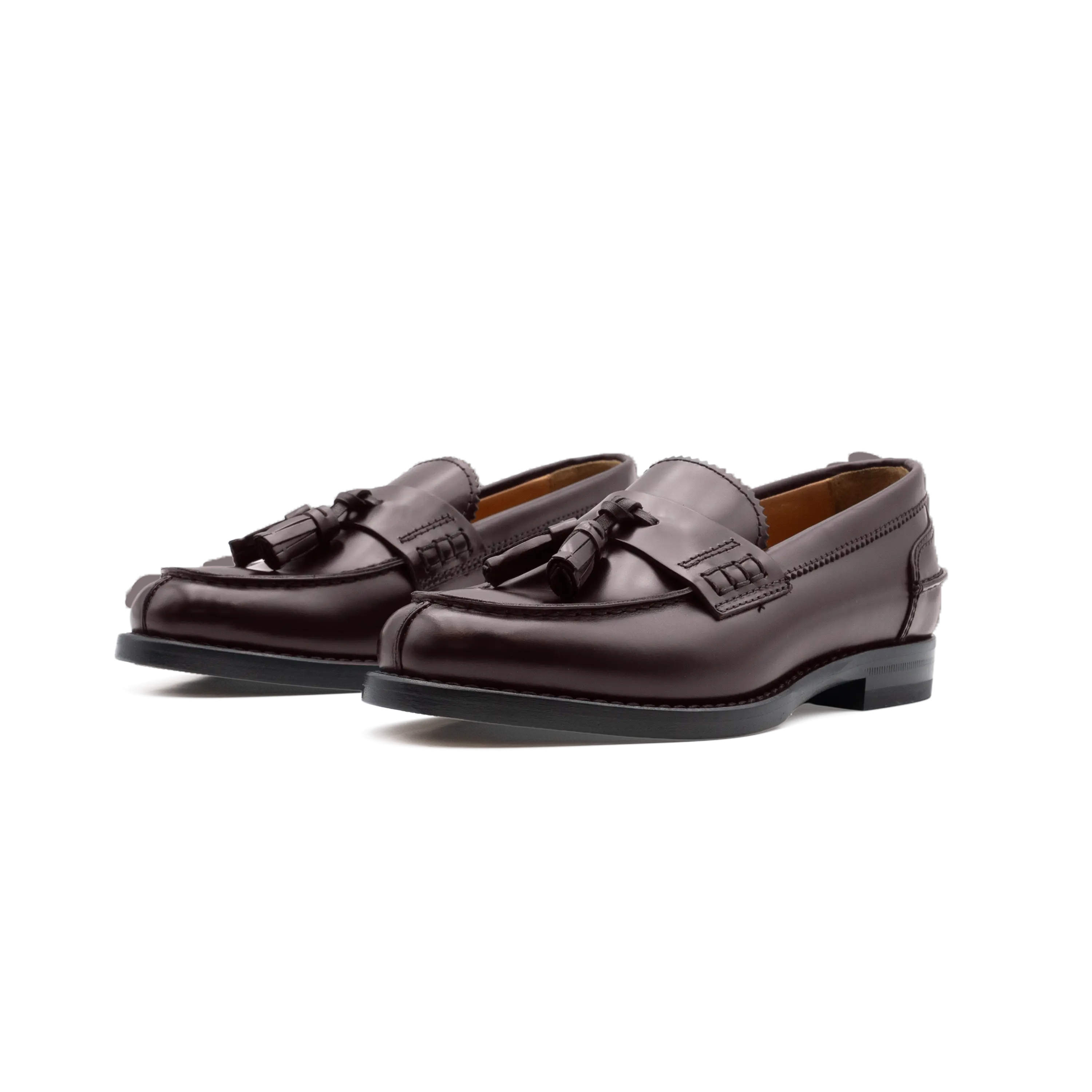 Mocassino da donna in pelle burgundy con nappine, modello Ischia - vista del paio