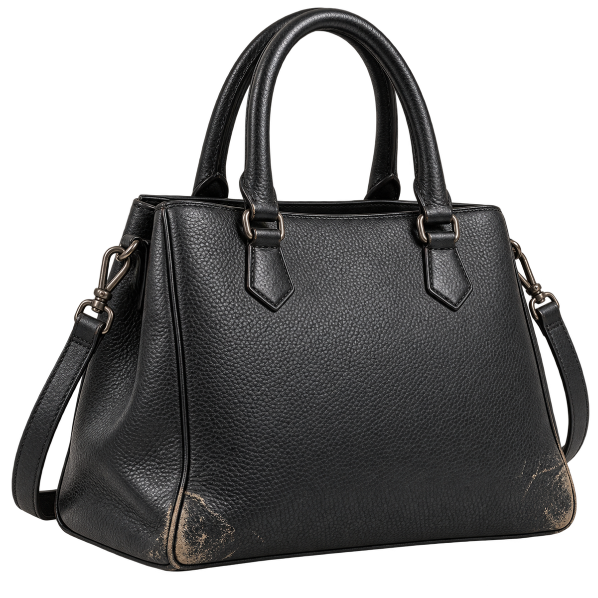 Black leather bag with worn corners, edge and corner repair service