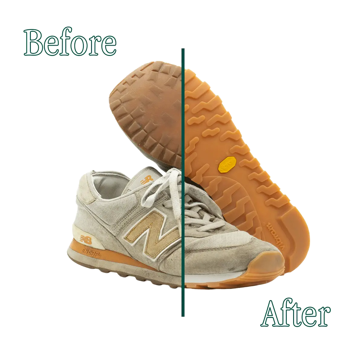 Prima e dopo della risuolatura New Balance con nuova suola Vibram