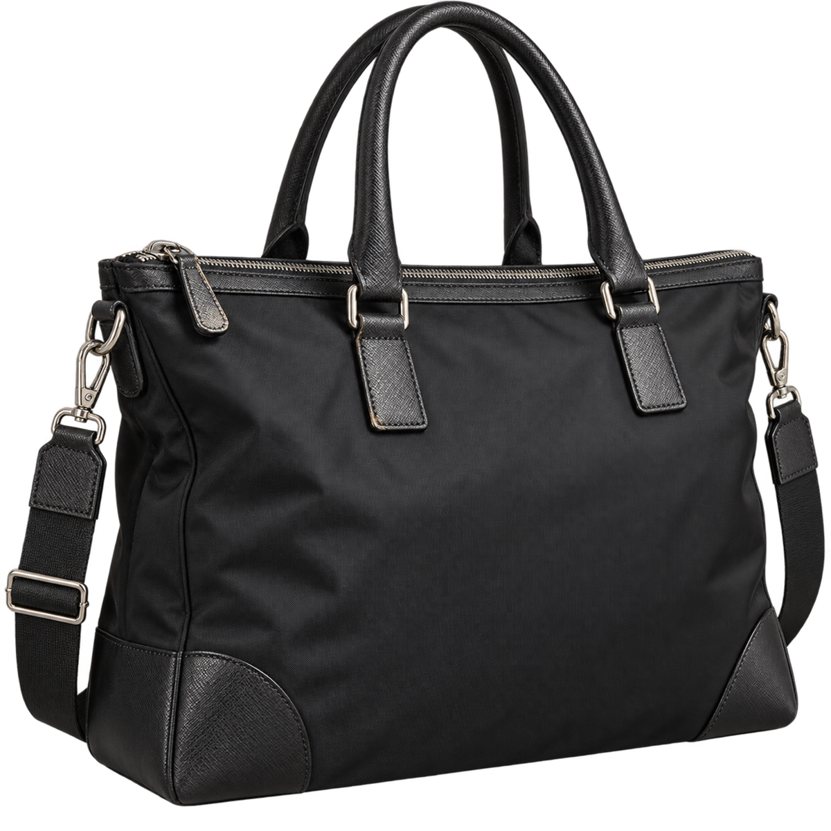 Sac cabas en nylon noir avec détails en cuir, image du service de réparation Prada