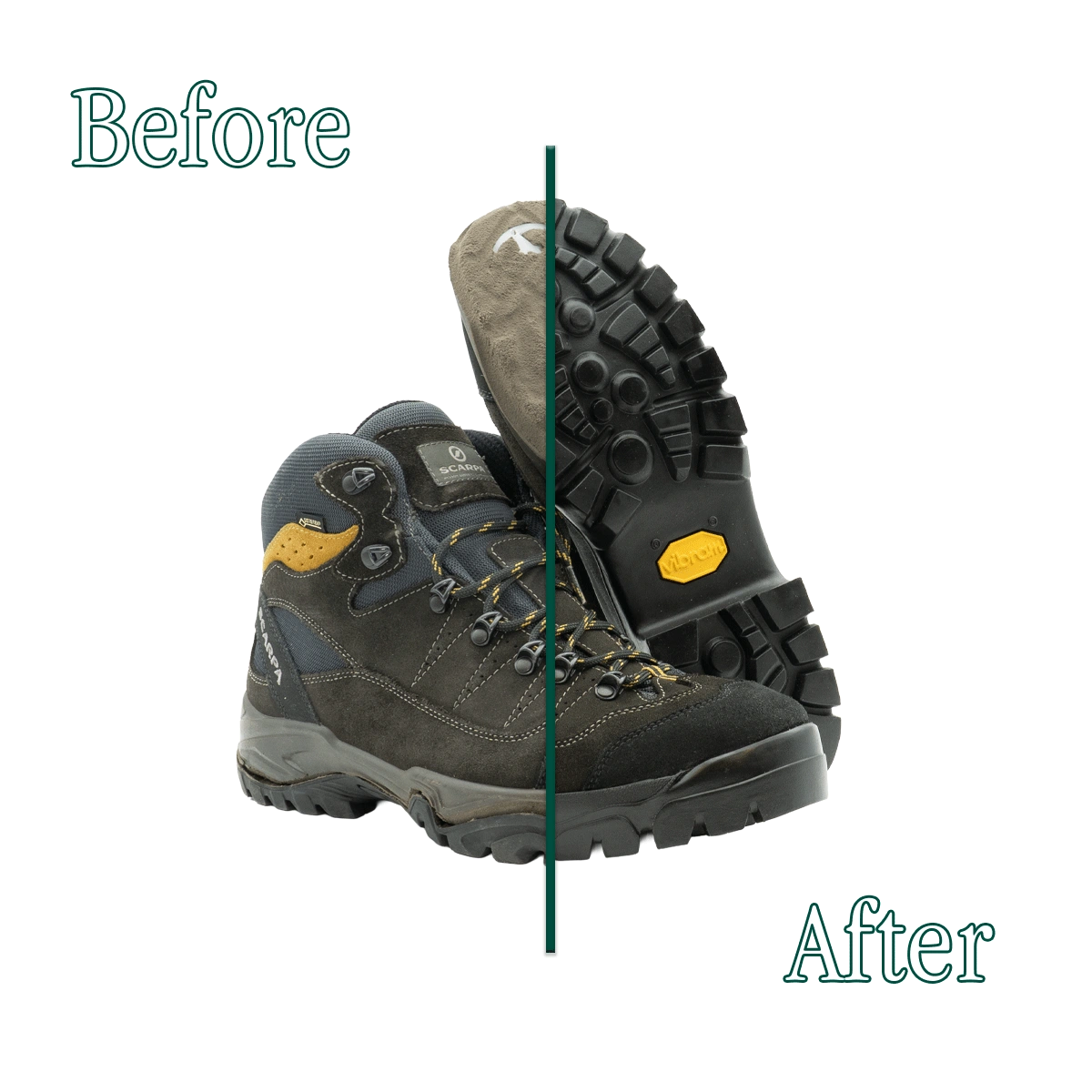 Scarponi La Scarpa prima e dopo la riparazione effettuata dai Maestri Ciccone con suole Vibram