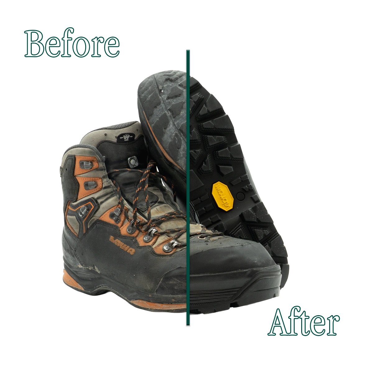 Scarpone trekking Lowa prima e dopo la riparazione effettuata dai Maestri Ciccone a Milano