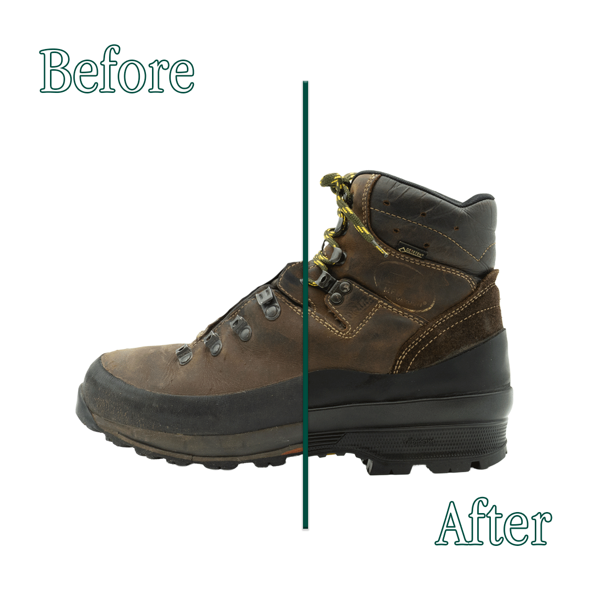 avant et après le ressemelage d'une botte Meindl réalisée par les Ciccone Masters avec semelle Vibram