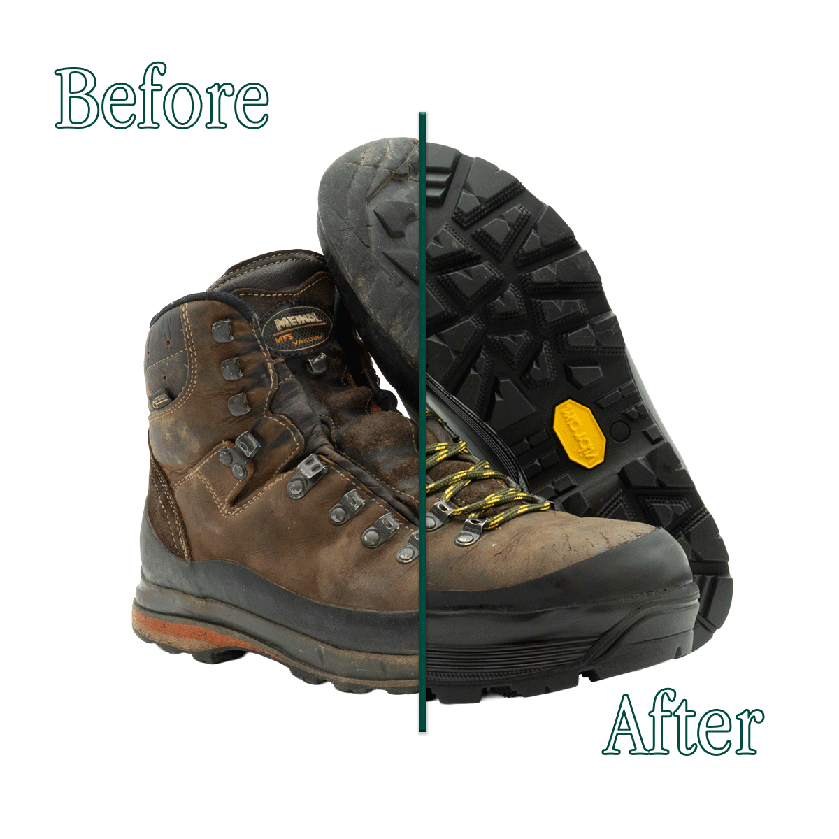 prima e dopo la risuolatura di uno scarpone Meindl fatto dai Maestri Ciccone con suola Vibram