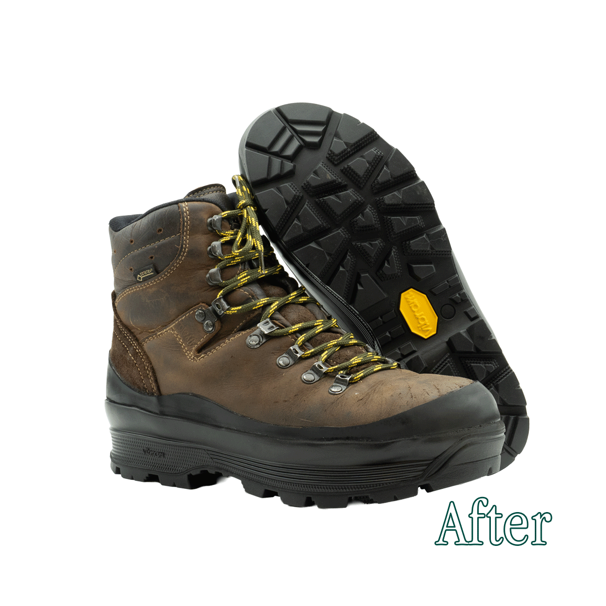 Photo après le ressemelage d'une botte Meindl réalisée par les Ciccone Masters avec semelle Vibram