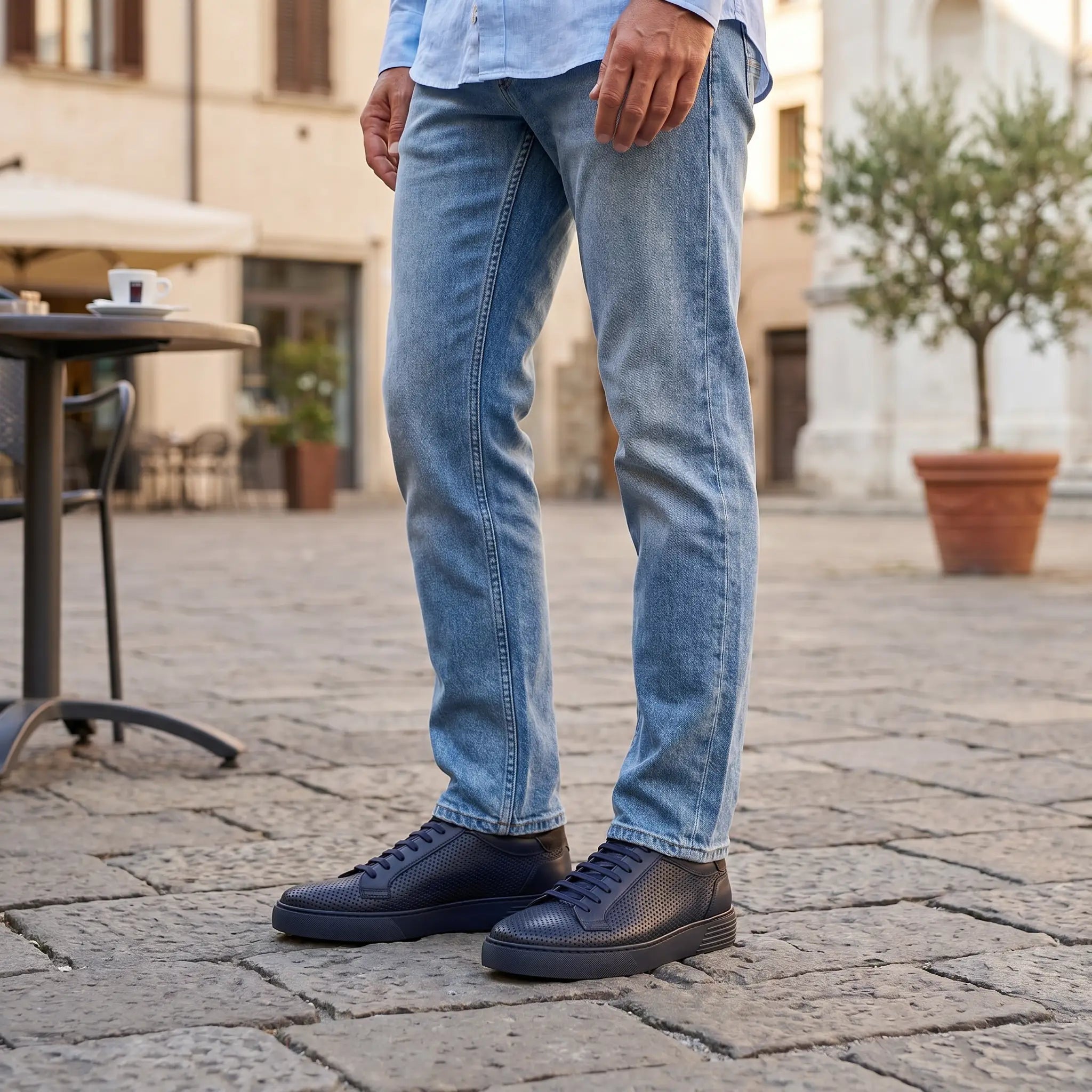 Sneakers estive da uomo in pelle colore blu, modello Oristano di Ciccone - foto indossata