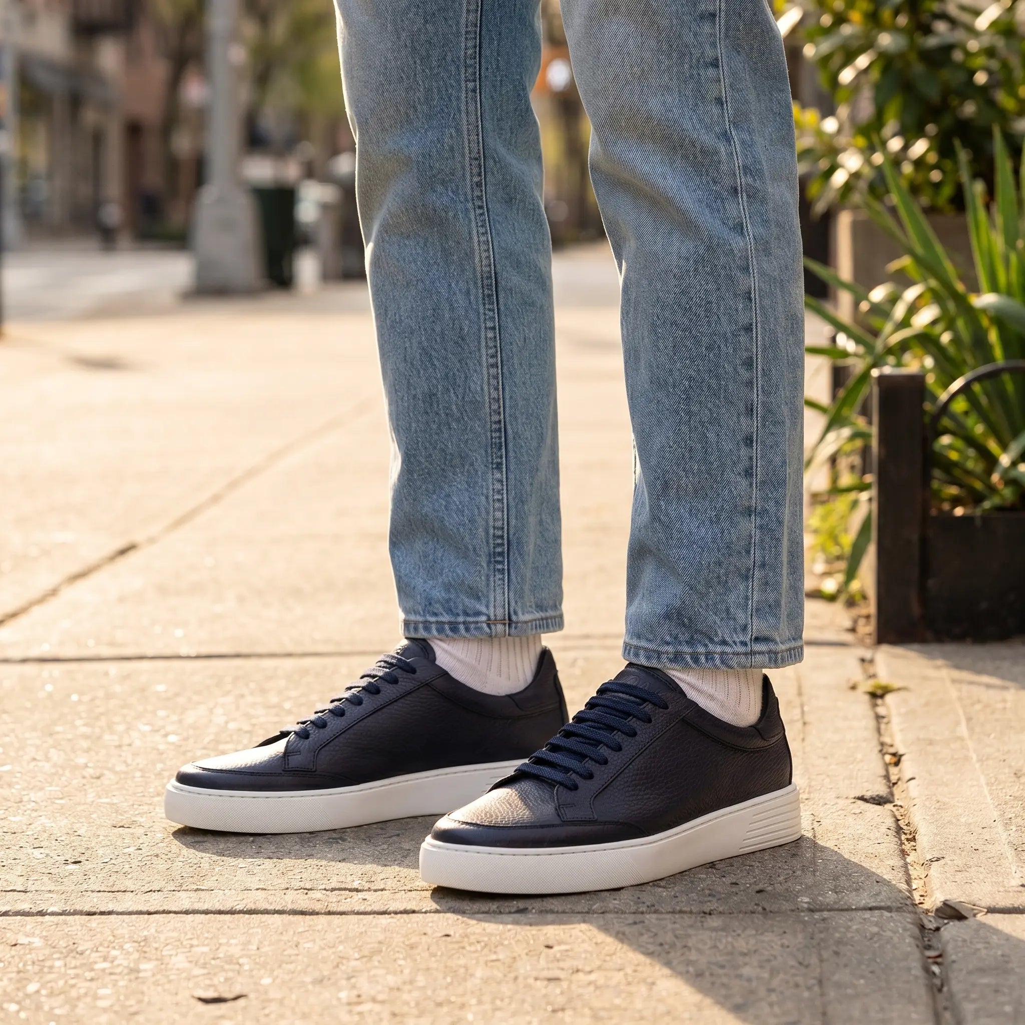 Sneakers da uomo un pelle martellata blu, modello Avellino di Ciccone, indossate