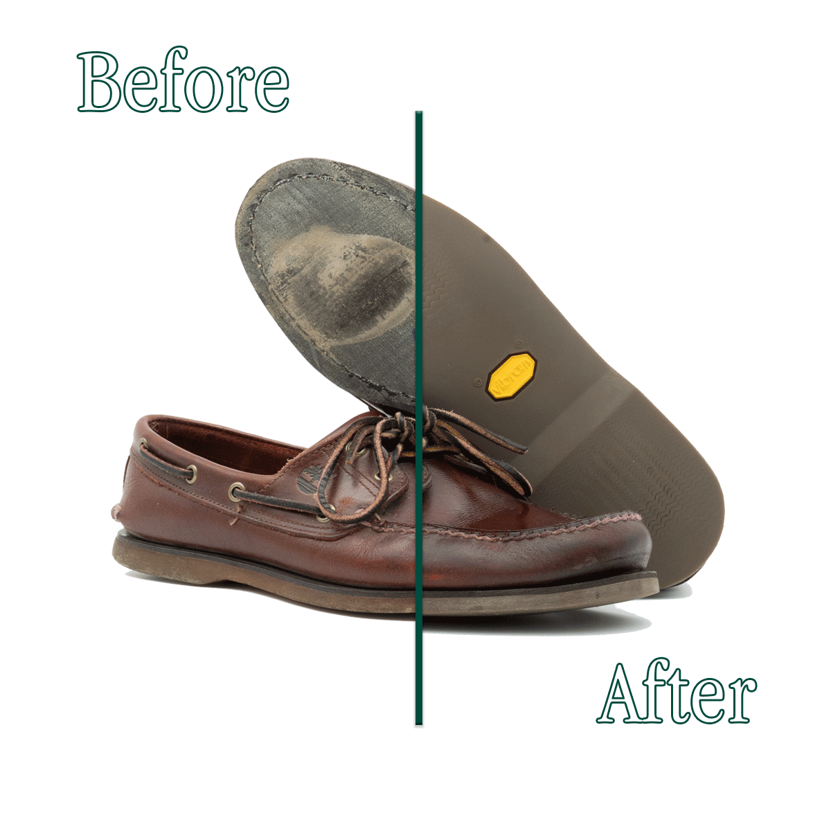 Foto del prima e dopo la risuolatura con fondo Vibram dei mocassini da barca Timberland fatta dai Maestri Ciccone