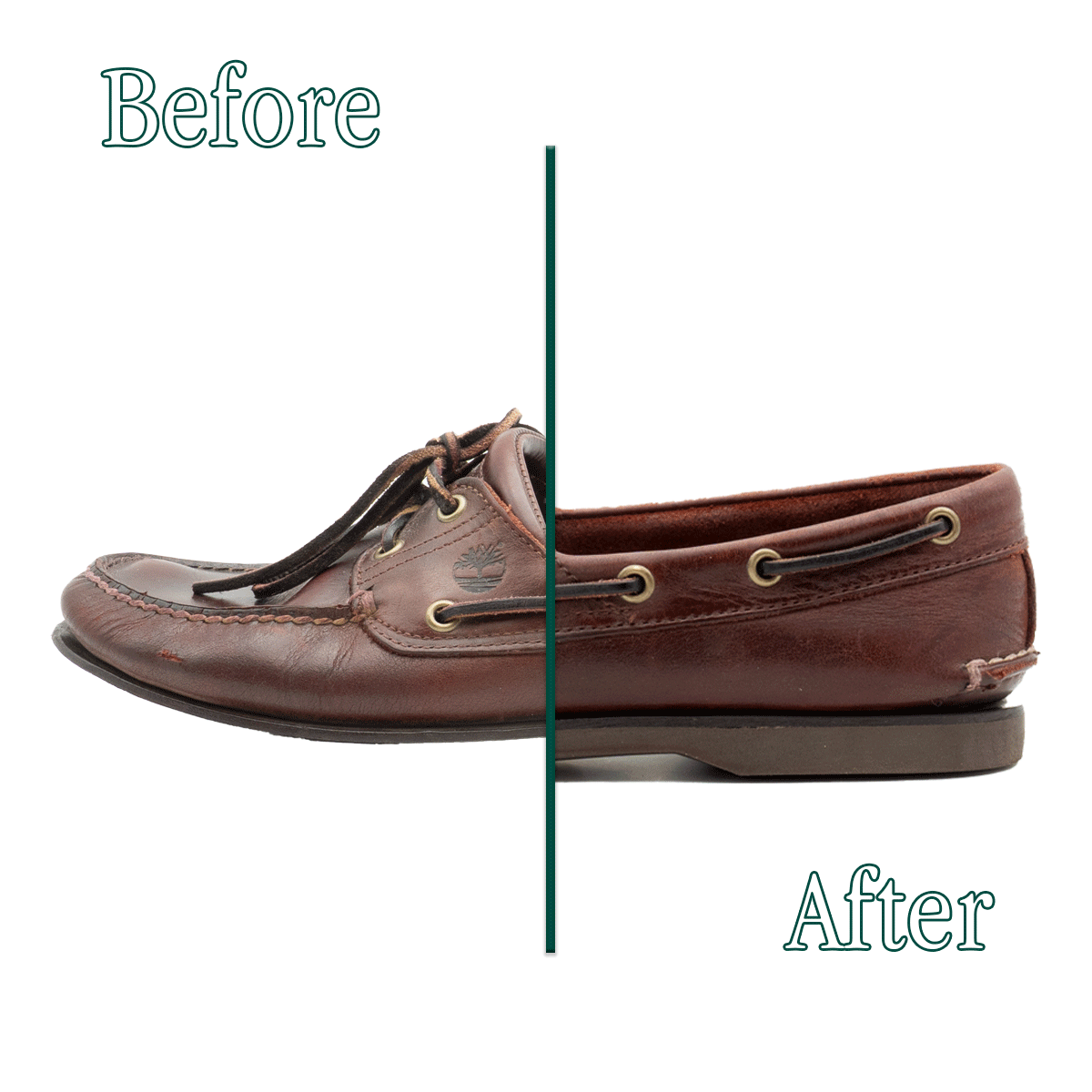 Vista di lato del prima e dopo la risuolatura con fondo Vibram dei mocassini da barca Timberland fatta dai Maestri Ciccone