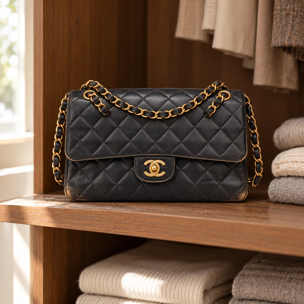 Chanel Classic Flap usurata in un contesto reale, prima della riparazione