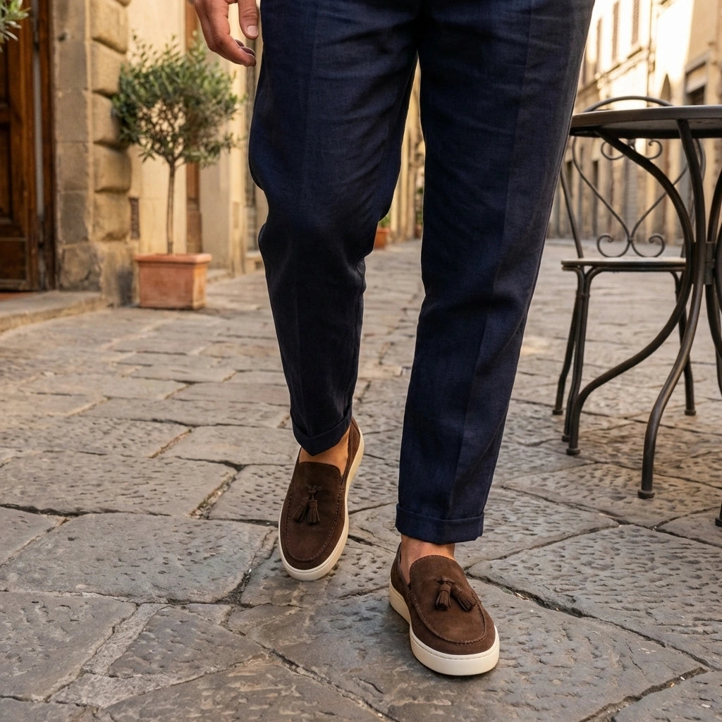 Outfit con mocassino ciccone da uomo modello Lecce colore Testa di Moro