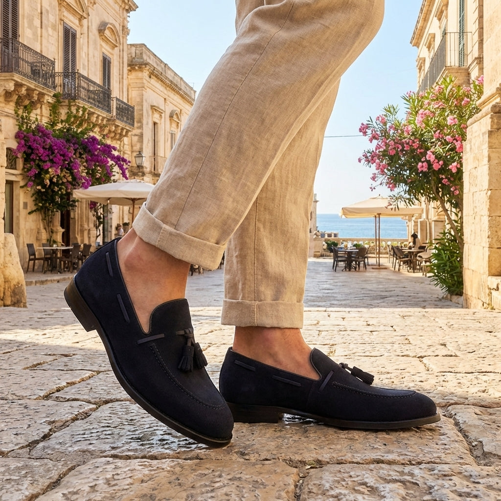 Loafer men's Ortigia di Ciccone with tassels in blue suede and leather sole, seen worn