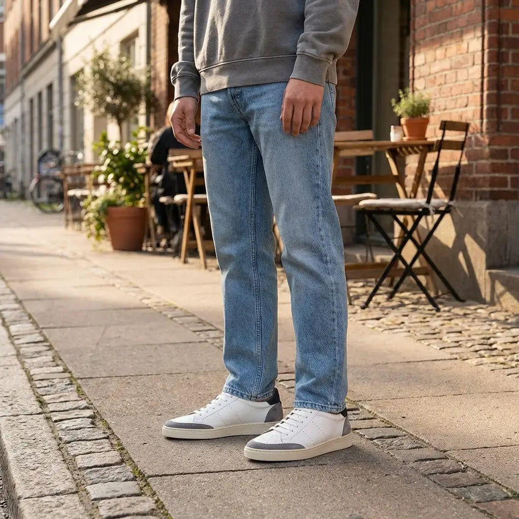 Sneaker in pelle da uomo bianca e blu, modello Perugia di Ciccone, foto indossata con jeans