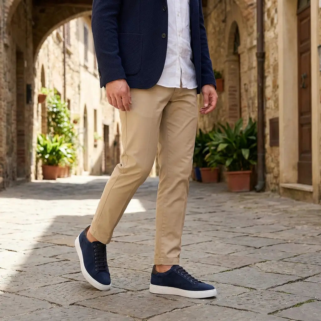 Worn photo of a men's sneakers in gray suede, Sorrento model by Ciccone