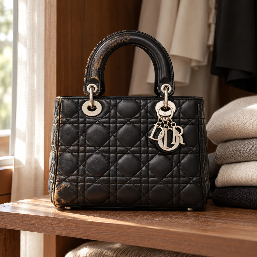 Dior Lady Dior usurata in un contesto reale, prima della riparazione