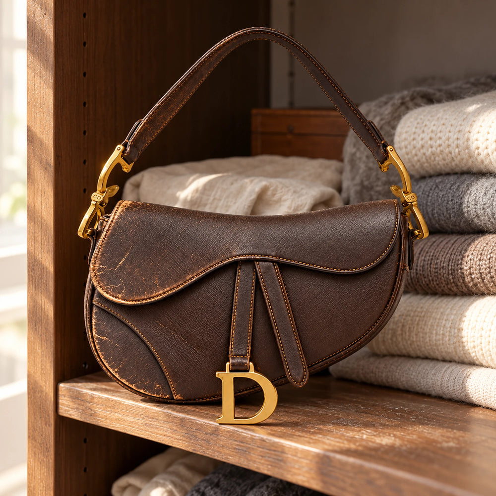 Dior Saddle usurata in un contesto reale, prima della riparazione