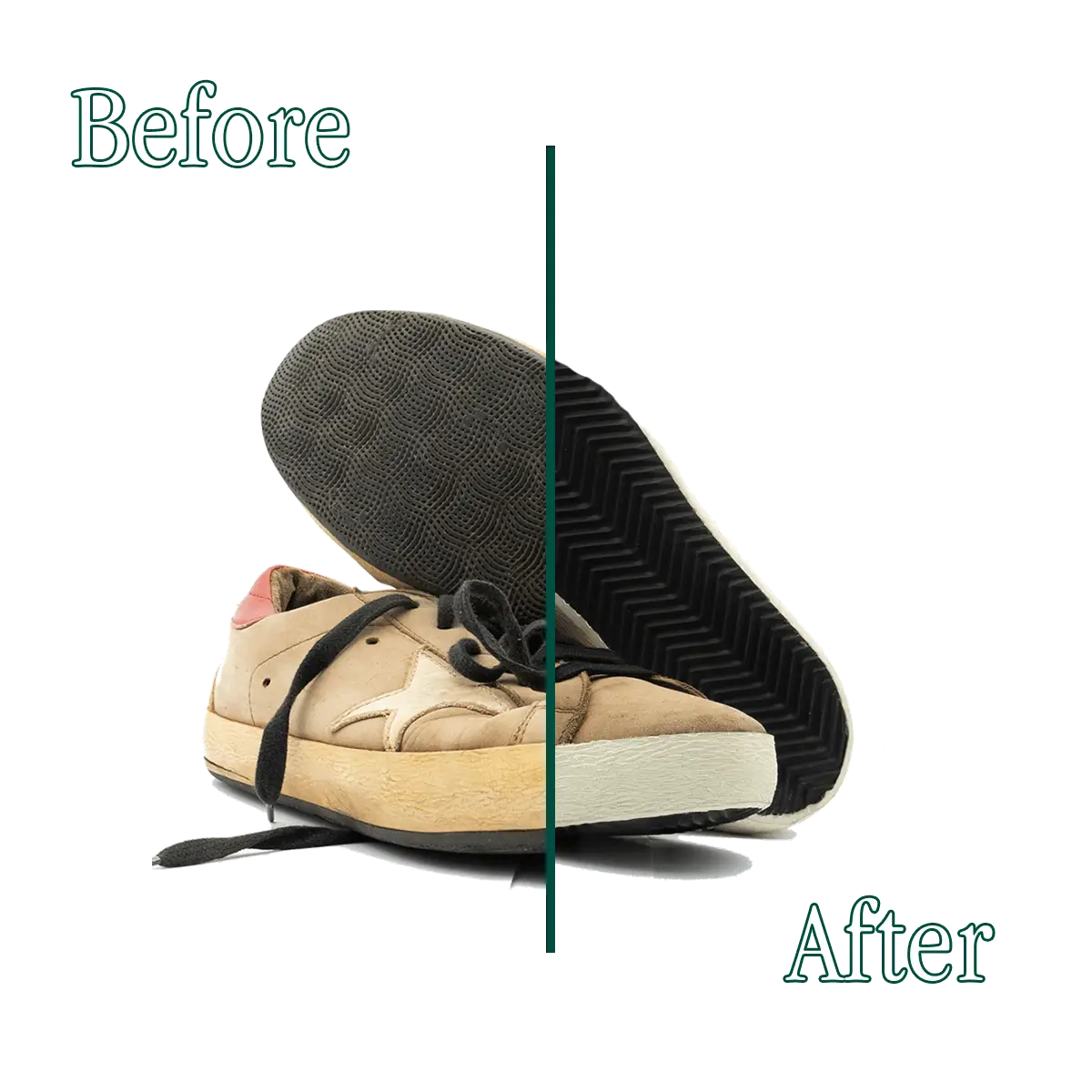 Prima e dopo la riparazione delle sneakers Golden Goose Superstar fatta da Ciccone