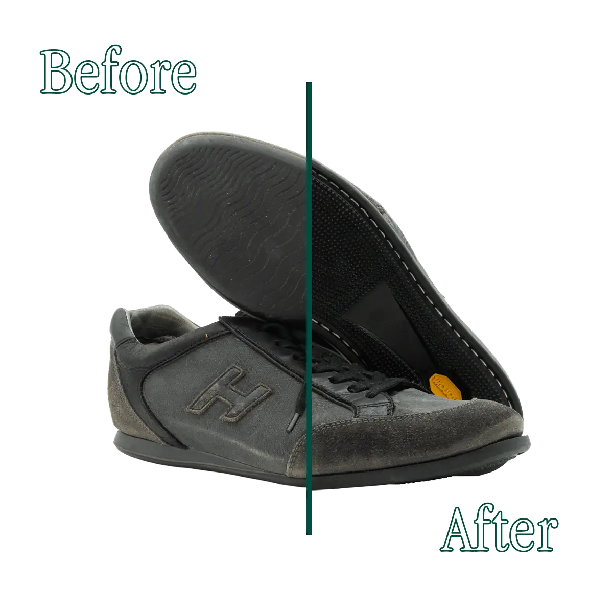 Prima e dopo la risuolatura delle Sneakers Hogan Olympia con suola Vibram fatta da Ciccone