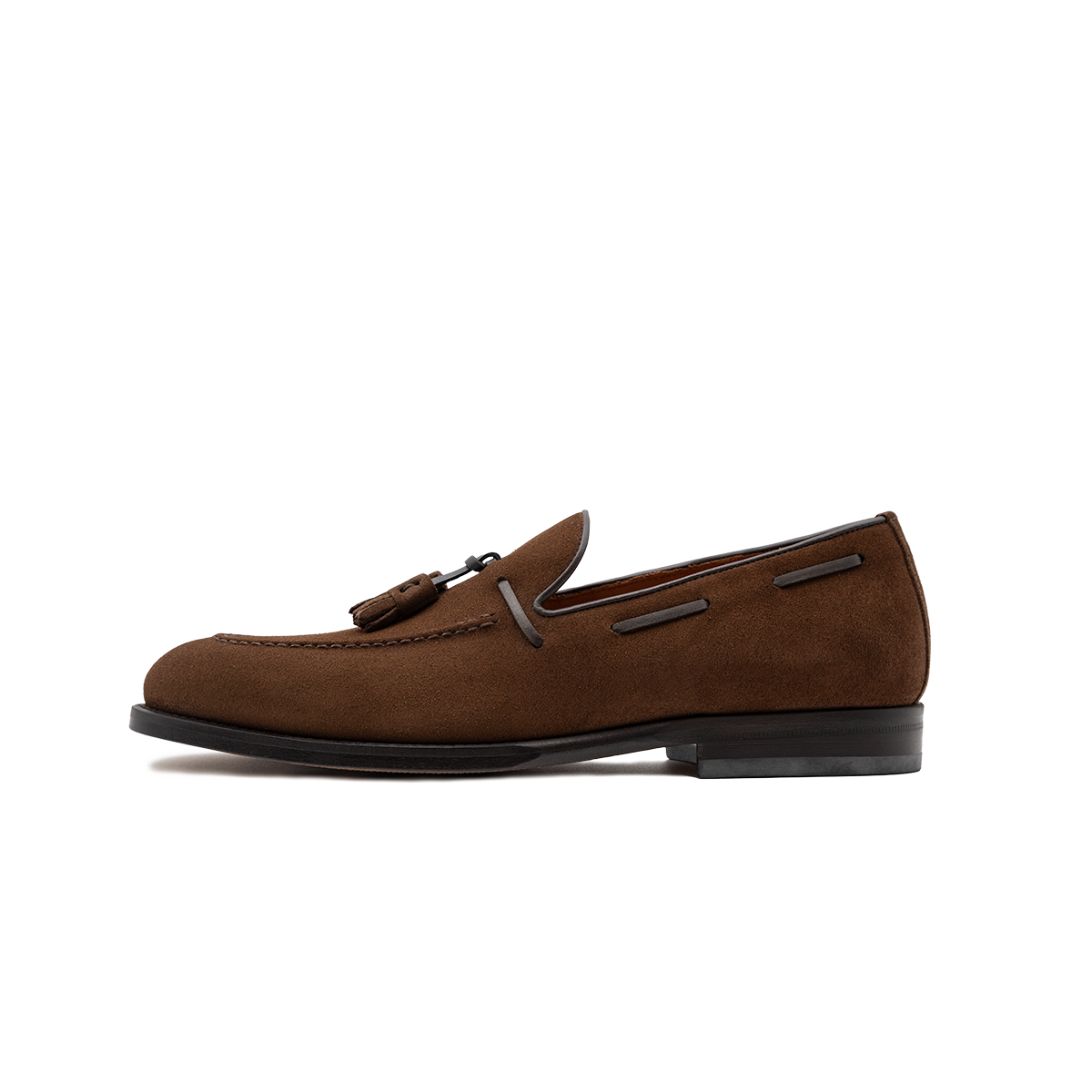 Loafer men's Ortigia di Ciccone with tassels in brown suede and leather sole, side view