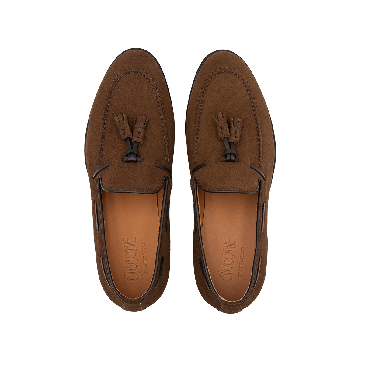 Loafer men's Ortigia di Ciccone with tassels in brown suede and leather sole, view from above