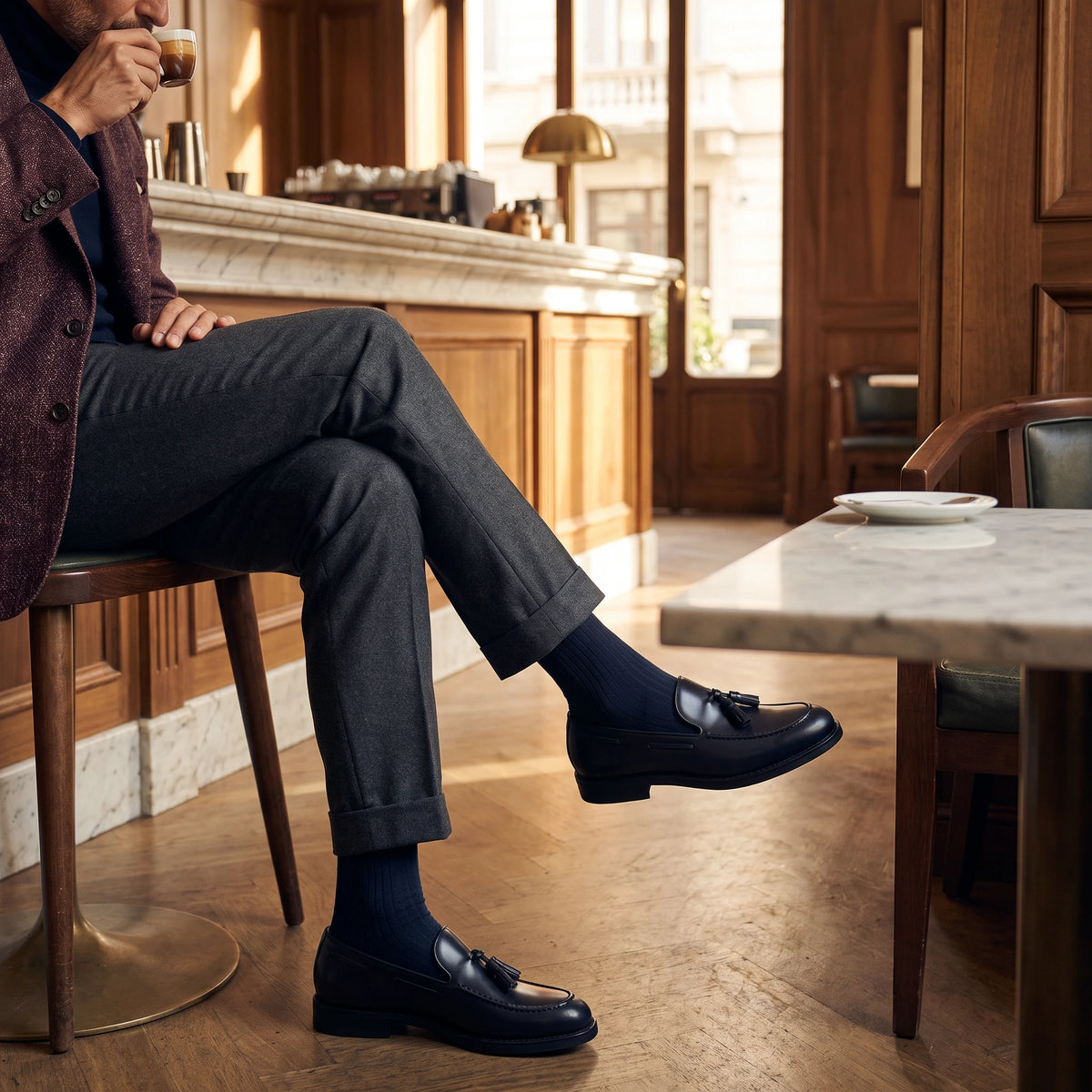 Mocassino da uomo colore nero modello Noto indossato.