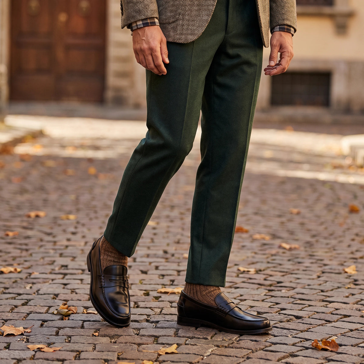Mocassino da uomo colore nero modello Arezzo indossato.