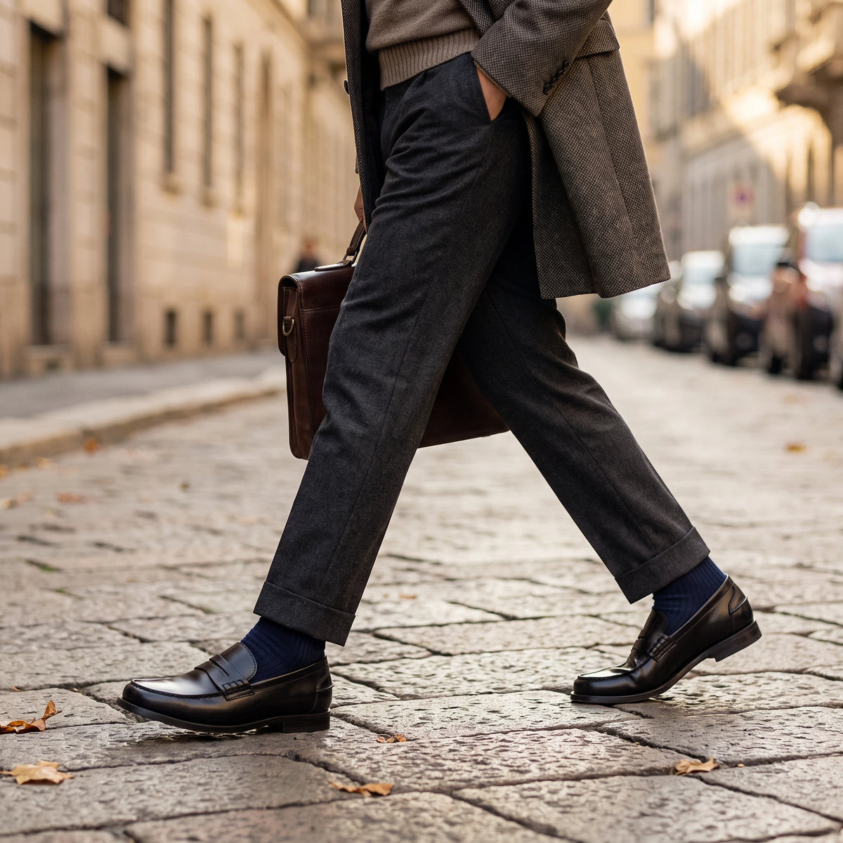 Mocassino da uomo colore nero modello Arezzo indossato.
