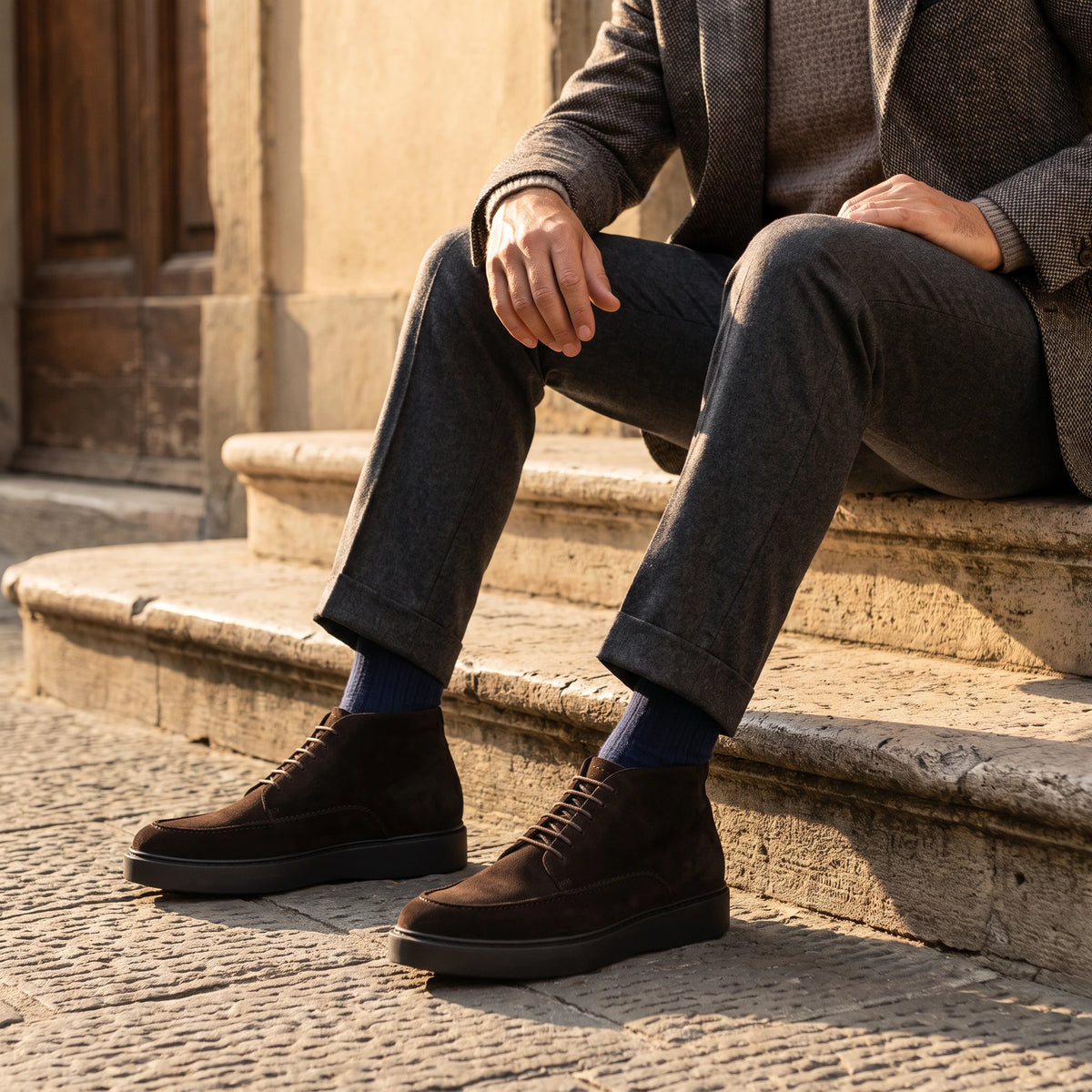Desert boot men's suit in dark brown suede leather, Pesaro model, worn.