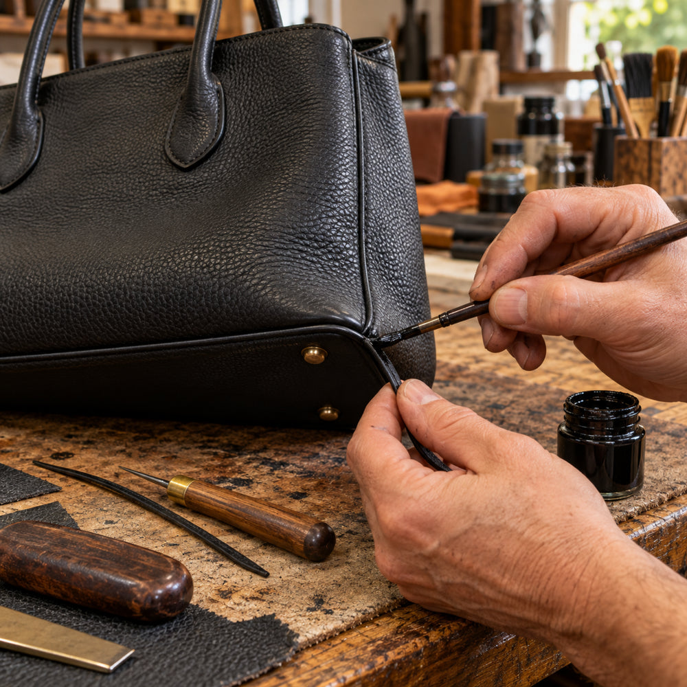 Ripristino del bordo di una borsa in pelle su banco da lavoro artigianale
