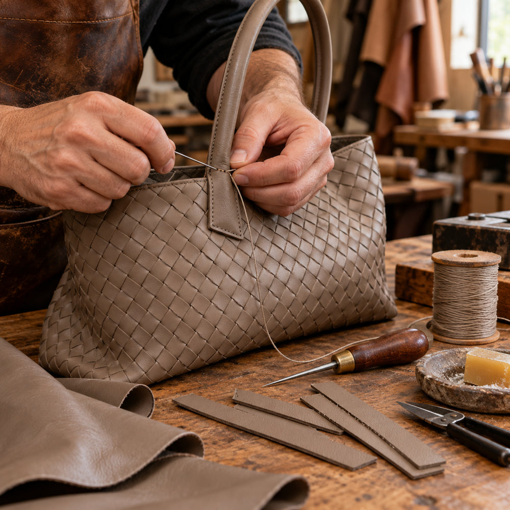Lavorazione artigianale su manico di borsa in pelle intrecciata