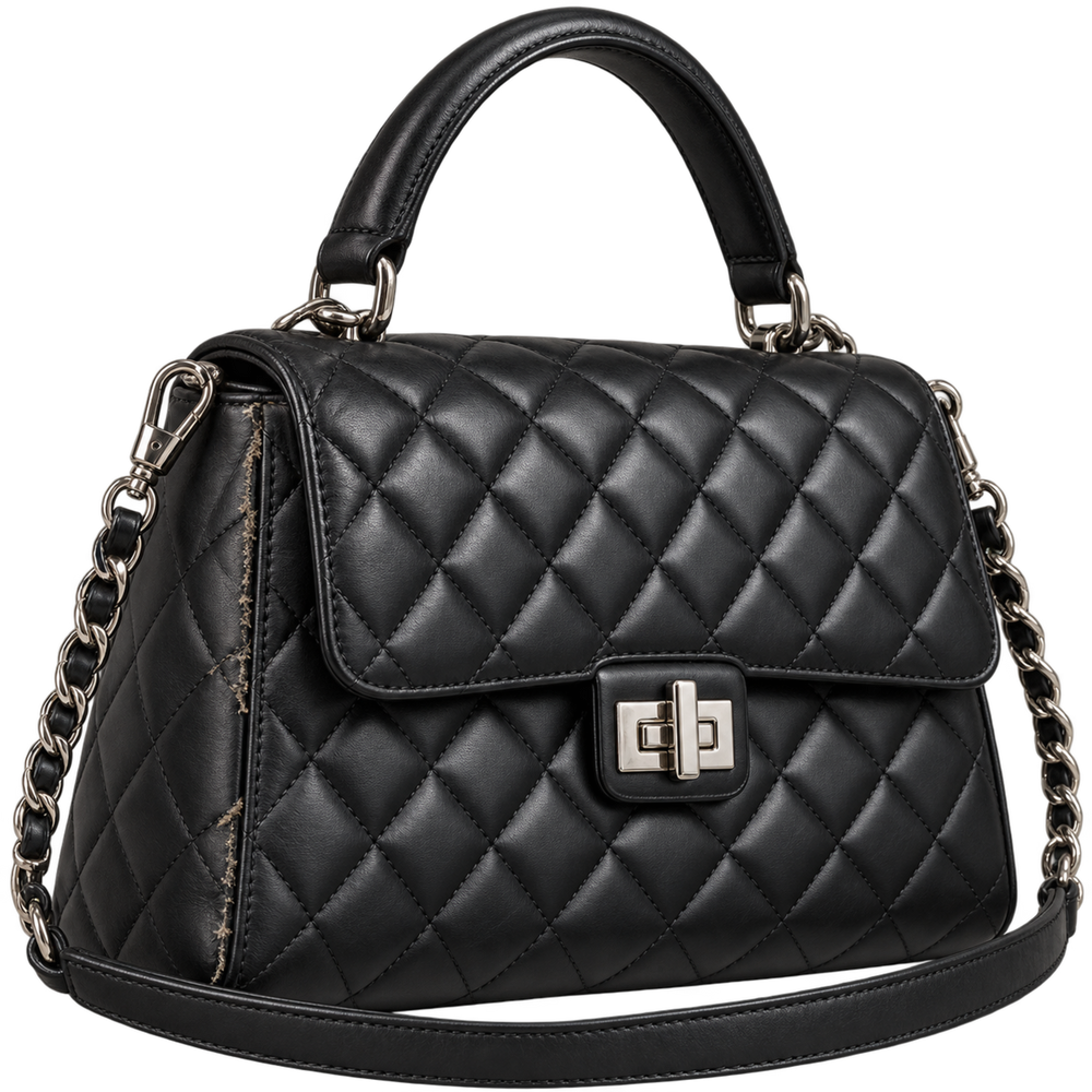 Borsa trapuntata nera con manico e catena, immagine del servizio di riparazione Dior