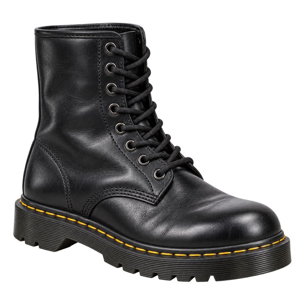 Stivaletto nero iconico con cucitura gialla, immagine del servizio di risuolatura Dr. Martens