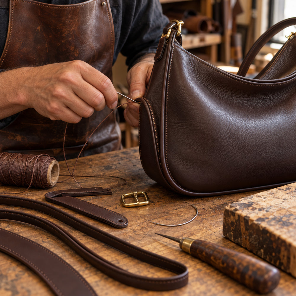 Lavorazione artigianale del bordo di una borsa in pelle marrone