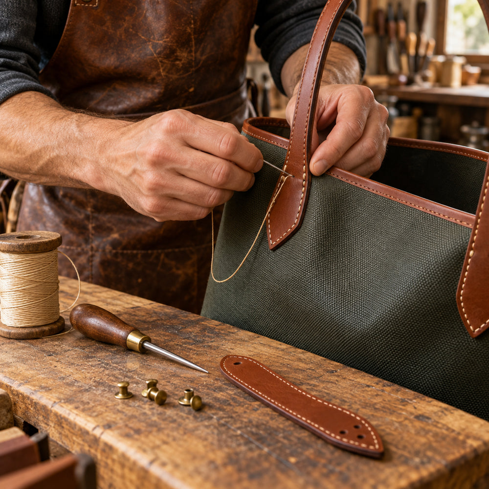 Riparazione artigianale di un manico in pelle su borsa in tela