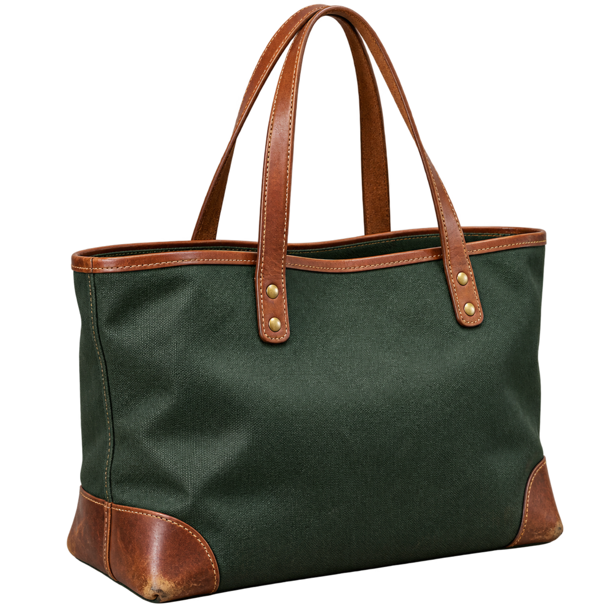 Dark green canvas tote bag with leather handles, Goyard repair service