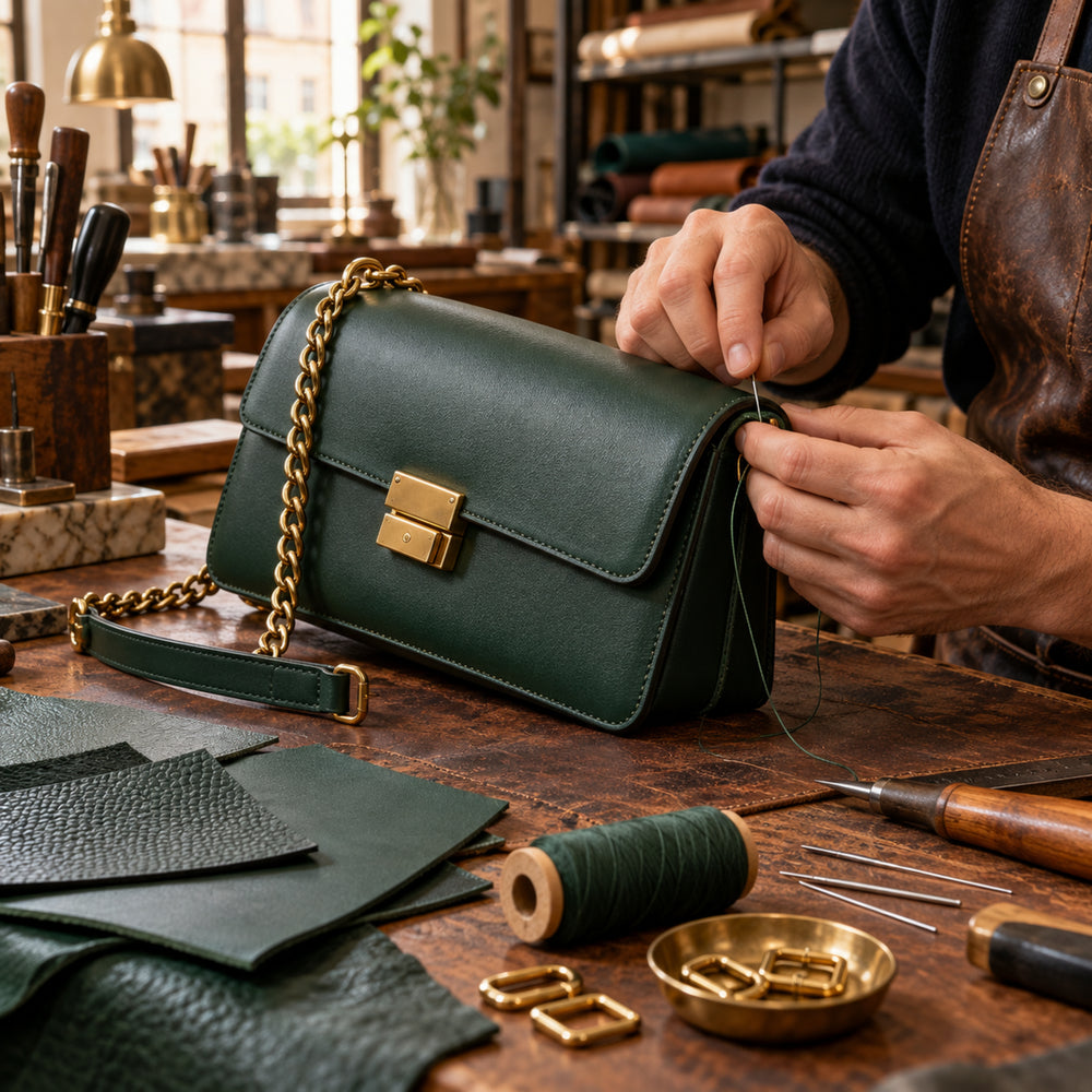 Lavorazione artigianale dei bordi di una borsa verde in pelle